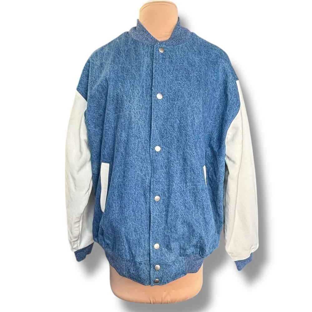 Vintage 90s Fruit of the Loom Varsity Jacket Blue Denim White Sleeves XL Unisex
